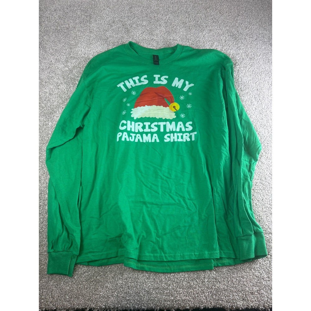Mens Christmas Pajama Shirt Green Long Sleeve Santa Hat Holiday Top